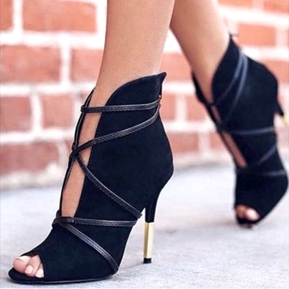 NWT pin heels booties gold tip stiletto faux suede lace open toe ankle